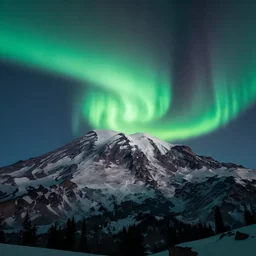 a matte painting of aurora borealis blended into virgin mary over mt rainer