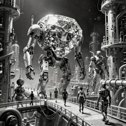 giant dimantled disassembled cyborgs and biological androids with wires on bridges and pipes walk through a huge cybernetic megastructure multi - level metropolis in space, black and white, by nihei tsutomu