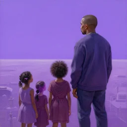 A painting of Kanye West and his family looking on at the horizon, afrofuturism, Simon Stalenhag, 8K concept art, purple skies, intricate details, minimal artifacting