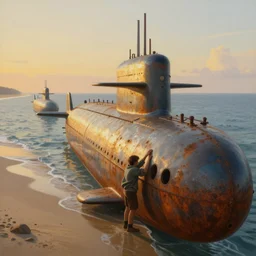 nc wyeth painting, ultra wide, vanishing point, 3 d perspective, beached submarine, incredible, award winning, up close, climbing, beaching, rust, sadness, golden hour