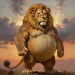 oversized anthropomorphic lion war fighter , very textured detailed oil painting panoramic portrait by rembrandt, backlight, dramatic clouds ,sunset