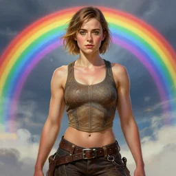 Maisie Williams as a ruggedly muscled handsome heroine, rainbow background, intricate, elegant, highly detailed, centered, digital painting, artstation, concept art, smooth, sharp focus, illustration, artgerm, donato giancola, Joseph Christian Leyendecker, WLOP, Artgerm, thunder storm