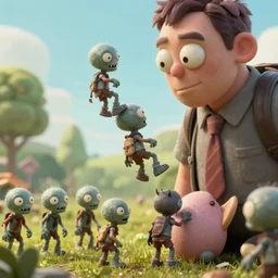 tiny zombies climbing up a giant man