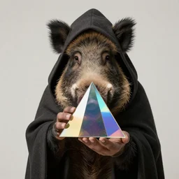 a boar, wearing a hooded cloak, holding an iridescent triangle prism, by vincent desiderio