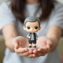 a girl holding a tiny bill gates nendoroid figurine in her hands, photo - realistic