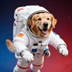 realistic photograph of a golden retriever in a space suit doing a space walk, cheerful colors, vibrant
