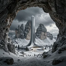 futuristic atmosphere in the snowy mountains dolomites 3 d concept art, cinematic lighting, mouth of a cave, rule of thirds, depth of field, intricate details, building by zaha hadid, stormy weather, emissary space by arthur haas and bruce pennington and john schoenherr, cinematic matte painting, dark moody monochrome colors, trending on artstation, featured on behance