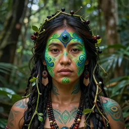 a beautiful indigenous female shaman with a third eye made of banisteriopsis caapi vines in the jungle, face painted in green and blue, fractals, beautiful colors, matte painting, by christophe vacher