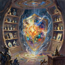 sci fi environment concept art featuring a shield enchanted with energy, weapon shop interior, legendary item, shelf, fantasy, trending on artstation, stylistic, brush strokes, oil, canvas, by kawacy and makoto shinkai