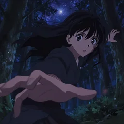 anime key visual, portrait of a young woman traveling in a forest at night, night sky, very dark, beautiful face by ilya kuvshinov, yoh yoshinari, dynamic pose, dynamic perspective, rounded eyes, kyoani, smooth facial features, dramatic lighting, tatami galaxy