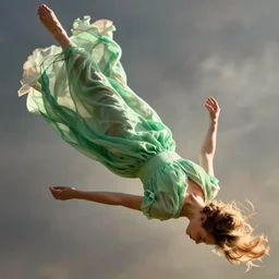 the girl falls down. flying face up. free flight. a very long green chiffon dress is blown away in the wind, tender colours, a highly detaile, by chiharu shiotas,, digital art
