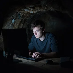 golbin man hiding away on a computer in a dark hovel flash light lit dimly lit room
