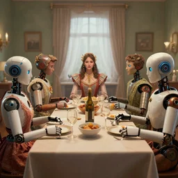 a table dinner of humanoid robots where robots are dressed like the characters from the midsommar movie, realistic detailed digital art by maxwell boas jessica rossier christian dimitrov anton fadeev trending on artstation cgsociety rendered in unreal engine 4 k hq