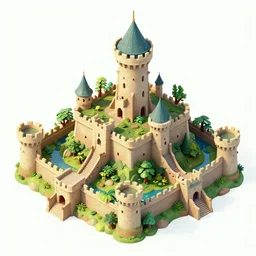medieval castle in a jungle with towers and moat, 3 d, isometric, poly detail