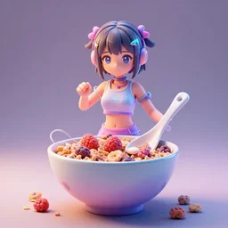 3d render, y2k anime girl wired to cereal bowls, blender, cinematic lighting