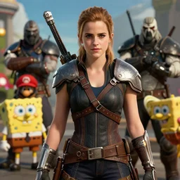 emma watson in gears of war destiny 2 call of duty witcher 3 warframe pokemon mario spongebob fortnite ice cream animal crossing smash bros highly detailed, extremely high quality, hd, 4 k, 8 k, professional photographer, 4 0 mp, lifelike, top - rated, award winning, realistic, detailed lighting, detailed shadows, sharp, no blur, edited, corrected, trending