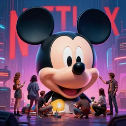 a group of people repairing the huge head of mickey mouse, a netflix logo on the background, cyberpunk art by greg rutkowski, cgsociety, retrofuturism, concept art