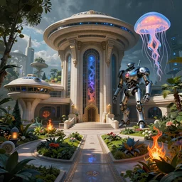 Futuristic police station with ((((beautiful and magical garden)))). By Frank Lloyd Wright, concept art, inrincate, sharp focus, digital painting, unreal engine, cgsociety, neoclassical, mech, robot, fractal flame, cinematic, jellyfish texture, highly detailded