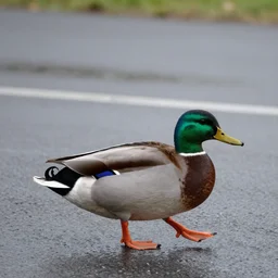 a mallard duck crossing the road on a rainy day, dslr, telephoto zoom