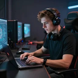 realistic successful man playing laptop in gaming room, artstation trends, future concept art, highly detailed, intricate, sharp focus, digital art, 8 k