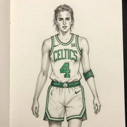 sketch drawing, emma watson in full boston celtics garb, sharp lines, shading, lined paper, rough draft, classroom doodle