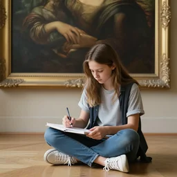 a young student sitting on the floor with a sketch book and a pen in her hand in front of a classic oil painting in the louvre, professional light, photo by jimmy nelson, 8 k, photorealistic imagery, trending on artstation, artstationhq, artstationhd