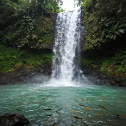 of a tropical island with a majestic waterfall flowing into a clear pool of water, raining, fish swimming