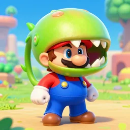 super Mario with giant Venus flytrap with a large round head and sharp teeth