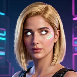 Katrina Kaif, neon face tattoo, cyberpunk background, straight hairstyle, white eyes, blonde hair, realistic render, short hair, unreal engine render, Icaro Carvalho