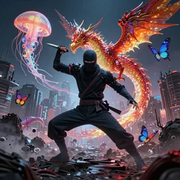 Overpowered death ninja king on a fallen toxic city throwing a kunai, cyberpunk, dystopian, jellyfish phoenix dragon, butterfly squid, very coherent symmetrical artwork, cinematic, hyper realism, high detail, octane render, unreal engine, 8k, Vibrant colors, Smooth gradients, High contrast, depth of field