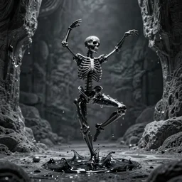 a skeleton made of liquid darkness dancing without a care, artistic photography, f stop, iso, gray dungeon background, very realistic
