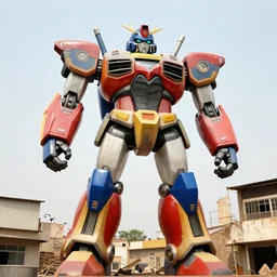giant mecha ROBOT of AJEGUNLE_SLUMS of Lagos, writing on colourful robot,