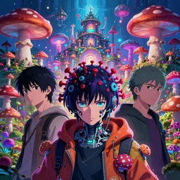 anime 4 k headshot portrait of a psychedelic cybernetic covid - 1 9 with mushroom themed clothes, magic mushroom village in background by jeff easley, vibrant colors, award winning, stylized neon, post - processing, masterpiece, mix styles of tsutomu nihei, superb resolution. in the art style of junji ito and greg rutkowski. detailed mushroom city in background. hyper realistic anime. perfect art. dalle 2