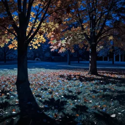 Park on an Autumn night by Rene Magritte. Long surreal shadows. Blue.