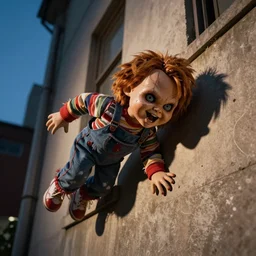 screaming chucky doll crawling up the side of a building