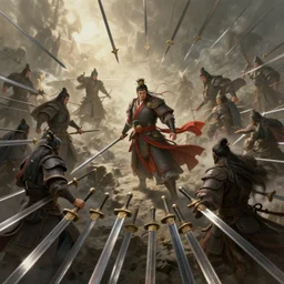swarm of flying swords surrounding ancient chinese warrior, by greg rutkowski, fantasy, high detail