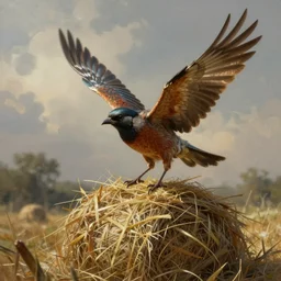 an intricate concept illustration of a flying bird landing on a hay, by wlop, artstation, cgsociety, hyper realistic, photorealistic, digital painting
