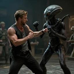 ryan gosling in a fight with ant aliens, still from horror movie, movie shot, extremly high quality, uhd, 4 k, cinematic lighting