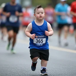 portrait of midget down syndrome playboi carti running in a marathon, sharp focus, 4 k editorial photograph, soft lighting, depth of field
