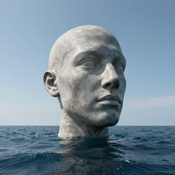 a sculpture of a human head in space on the surface of the ocean, in the style of chad knight, hyper - realistic, very detailed, realistic water, ray tracing, 8 k resolution, long - shot, sharp focus, low angle, 8 5 mm photograph, wide lens