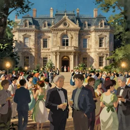 craig mullins and ghibli and james gurney detailed digital painting of a party in a beautiful mansion, many partygoers, strong contrast, unreal engine, hyper realism, realistic shading, cinematic composition, realistic render, octane render, detailed textures, photorealistic, very wide shot