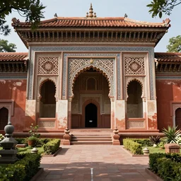 beautiful ancient temple in a garden. by edmund dulac and maxfield parrish and nicholas roerich. ornate carvings, geometric decorations. rich color. dramatic cinematic lighting with god rays. extremely clear and detailed. smooth cell shaded.