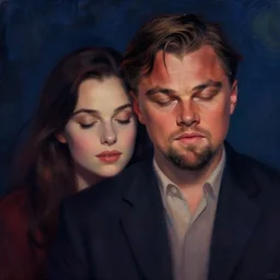 portrait of a leonardo dicaprio and a dark hair woman, intimate, eyes closed, faded shades of dark blue and red, pretty face, sharp eyes, rule of thirds, delicate suit, spotlight, by jeremy mann, by francoise nielly, by van gogh, digital painting