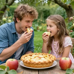 Adam and Eve eatng apple based pie in the eden garden.