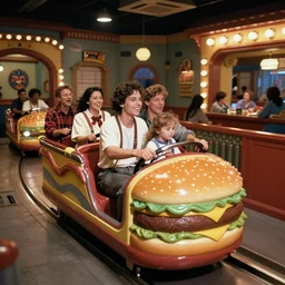 1990s photo of inside the Crazy Joe's Mystery House Show ride at Universal Studios in Orlando, Florida, riding a hamburger car through Joe's dream world , cinematic, UHD