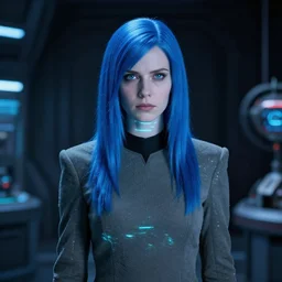 in _ the _ style _ of _ star _ trek and star wars _ charlie _ bowater _ _ _ pale _ woman _ young _ hologram _ blue _ hair _ _ _ dark _ futuristic _ lab _