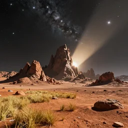 fantastic space landscape view from surface of planet. martian surface of planet, fantasy sharp rocks and mountains. magical starry sky, stars of the planet and galaxies in sky, cinematic view, epic sky, detailed, concept art, low angle, high detail, warm lighting, volumetric, godrays, vivid, beautiful, trending on artstation, by jordan grimmer, huge scene, grass, art greg rutkowski