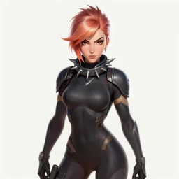 digital portrait painting of tracer overwatch, full body, wearing spiked collar, black outfit, detailed face, detailed eyes,