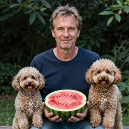 portrait of Dennis hopper Dutch masters holding watermelon and a poodle