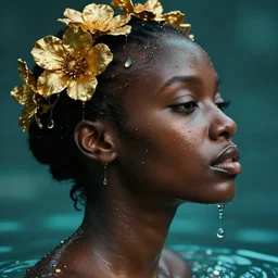 hyperrealistic precisionist cinematic profile very expressive! black oshun goddess, in water! up to shoulders, mirror dripping droplet!, gold flowers, highly detailed face, digital art masterpiece, smooth eric zener cam de leon, dramatic pearlescent teal light on one side, low angle uhd 8 k, shallow depth of field